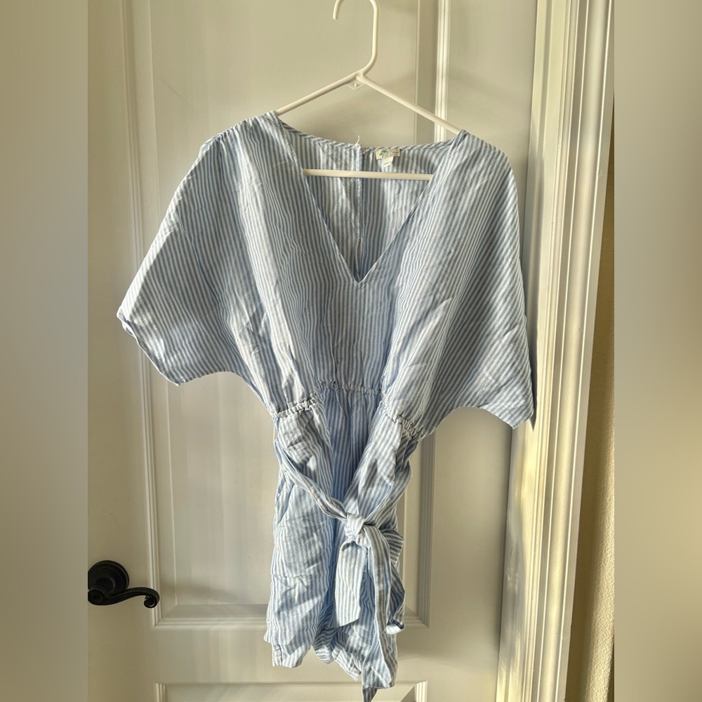 J.Crew Re-Imagined Blue & White Stripe Linen Blend Tie Waist Romper S